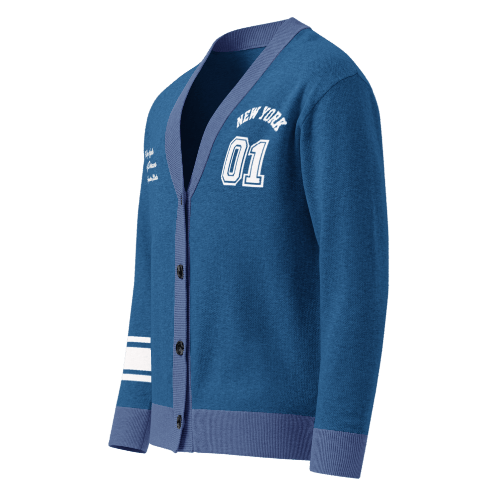 New York Varsity Knitted Cardigan (Blue & White) - Chinchilla Choons