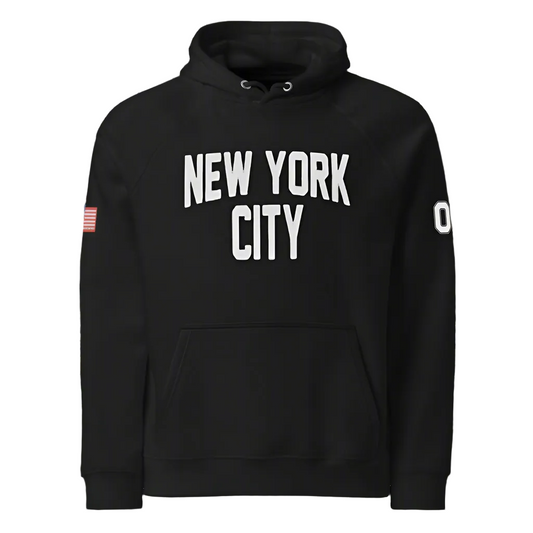 Black hoodie with 'New York City' text on a city street background
