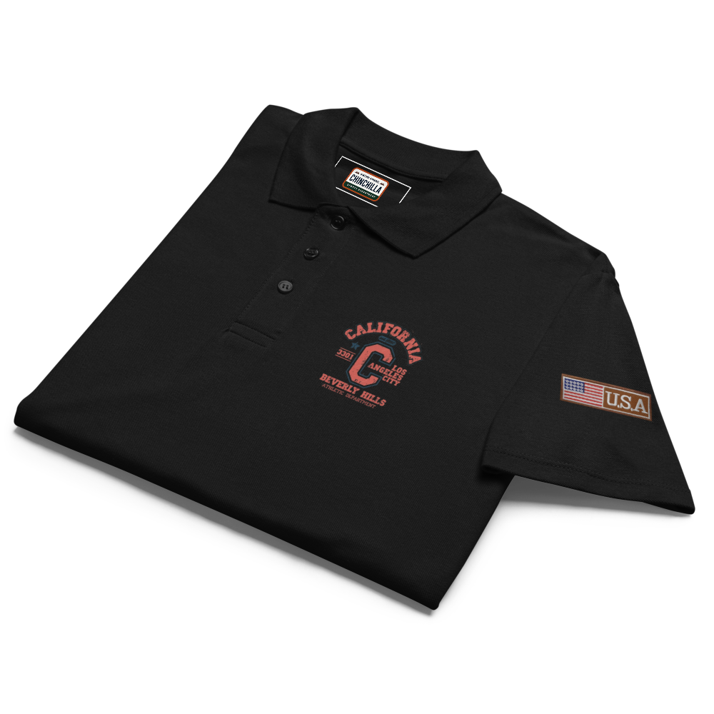 Black polo shirt with 'California' and 'USA' text on a white background