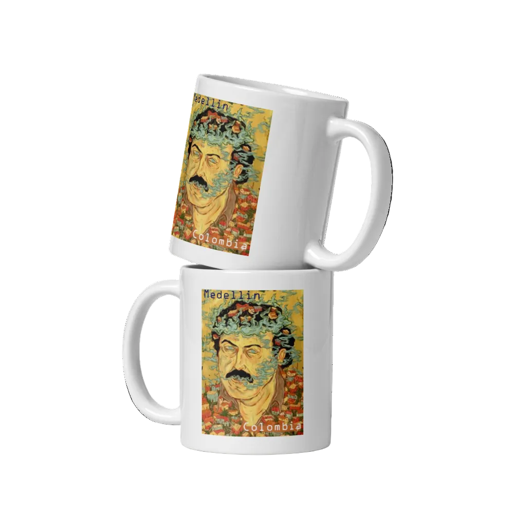 Two mugs with a design of a mustached man's face on a white background