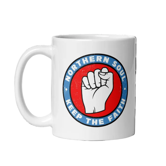 White mug with a blue and red logo featuring a fist and 'Northern Soul Keep The Faith' text on a white background.