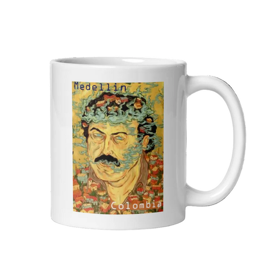 Mug with a graphic of a man's face and 'Medellin Colombia' text on a white background