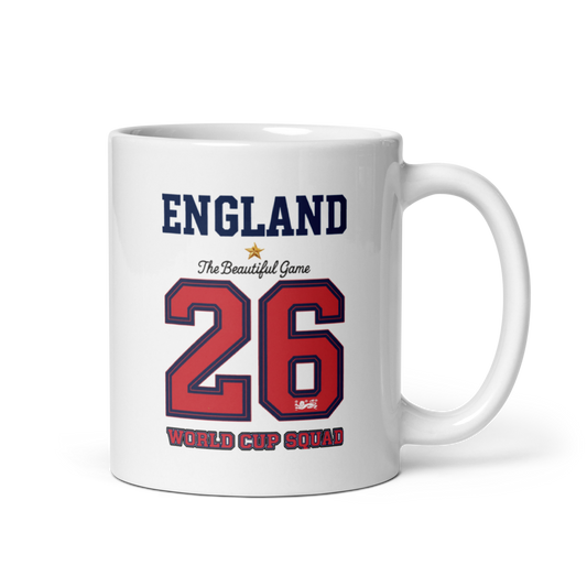 White mug with 'England' and number '26' printed on a white background