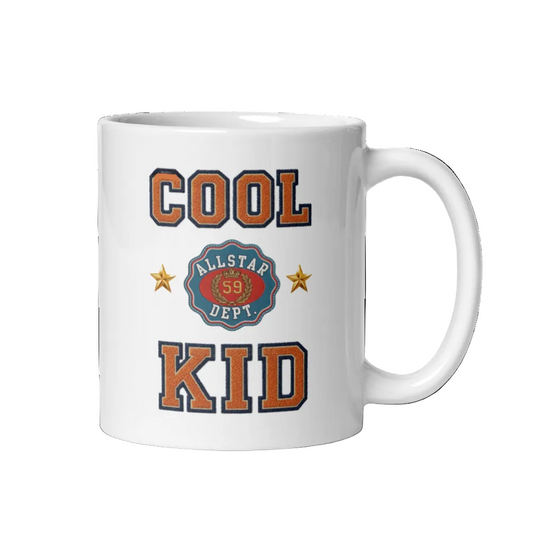 White mug with 'Cool Allstar Kid' text and design on a white background