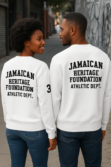 Two people wearing white sweatshirts with 'Jamaican Heritage Foundation Athletic Dept.' text on the back.