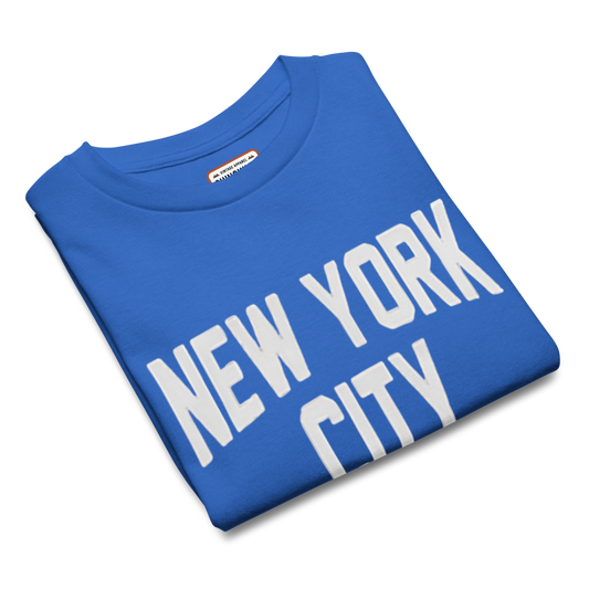 Blue t-shirt with 'New York City' text on a white background