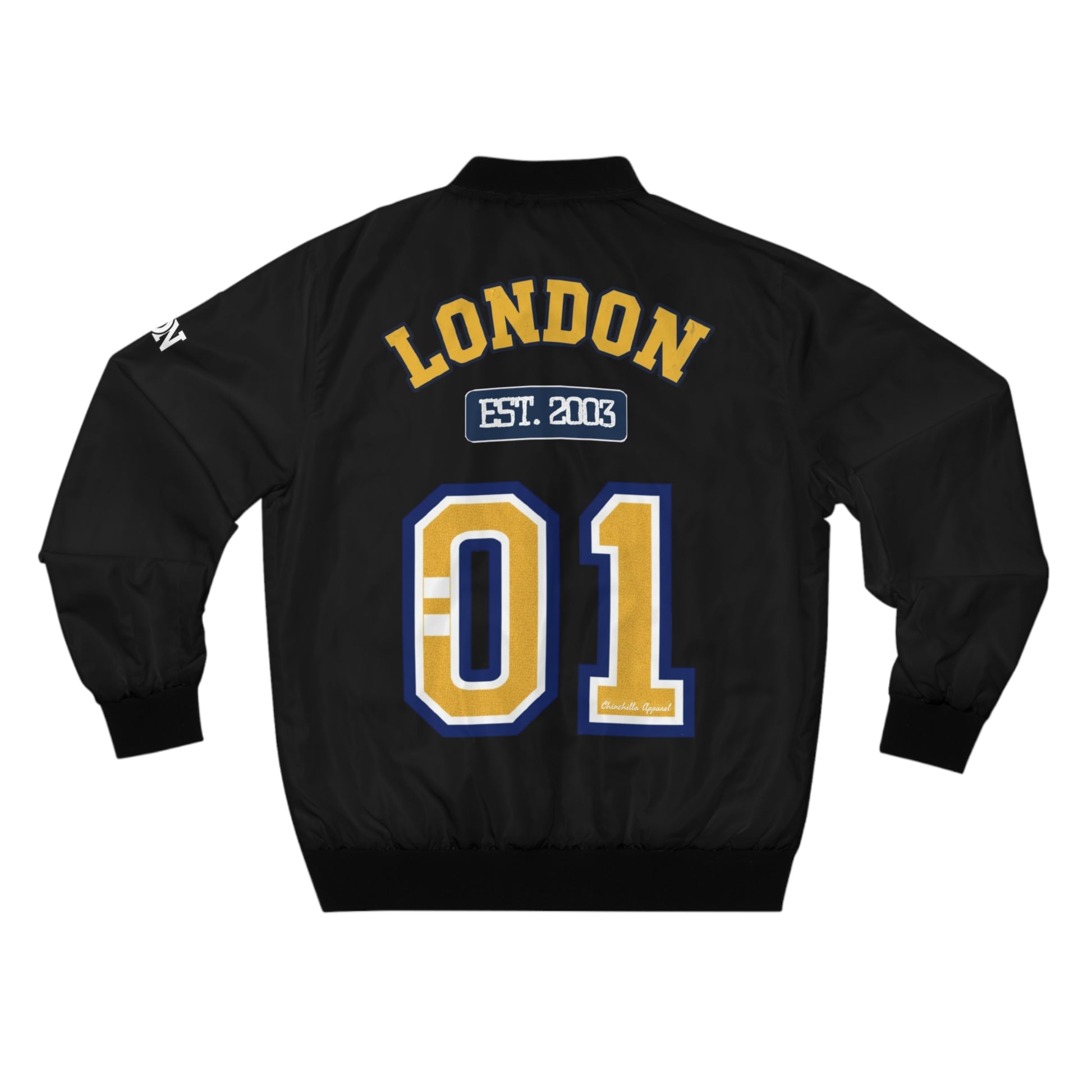 Black jacket with 'London Est. 2016' text and number design on a white background