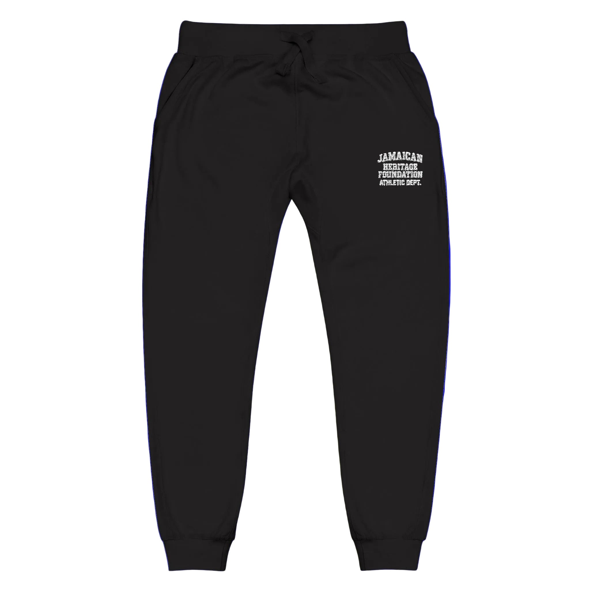 Black sweatpants with white text on a blue background