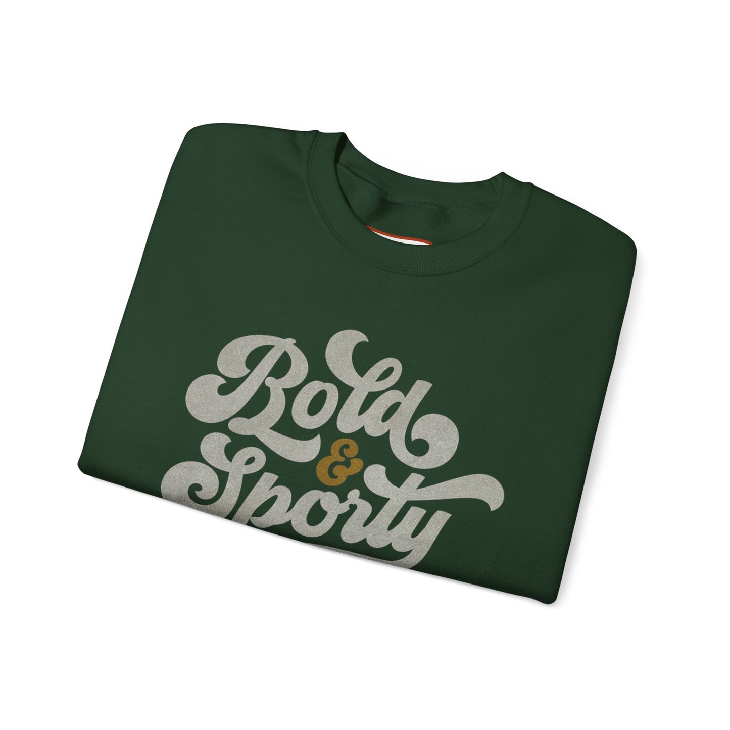 Folded green sweatshirt with 'Bold & Sporty' text on a white background