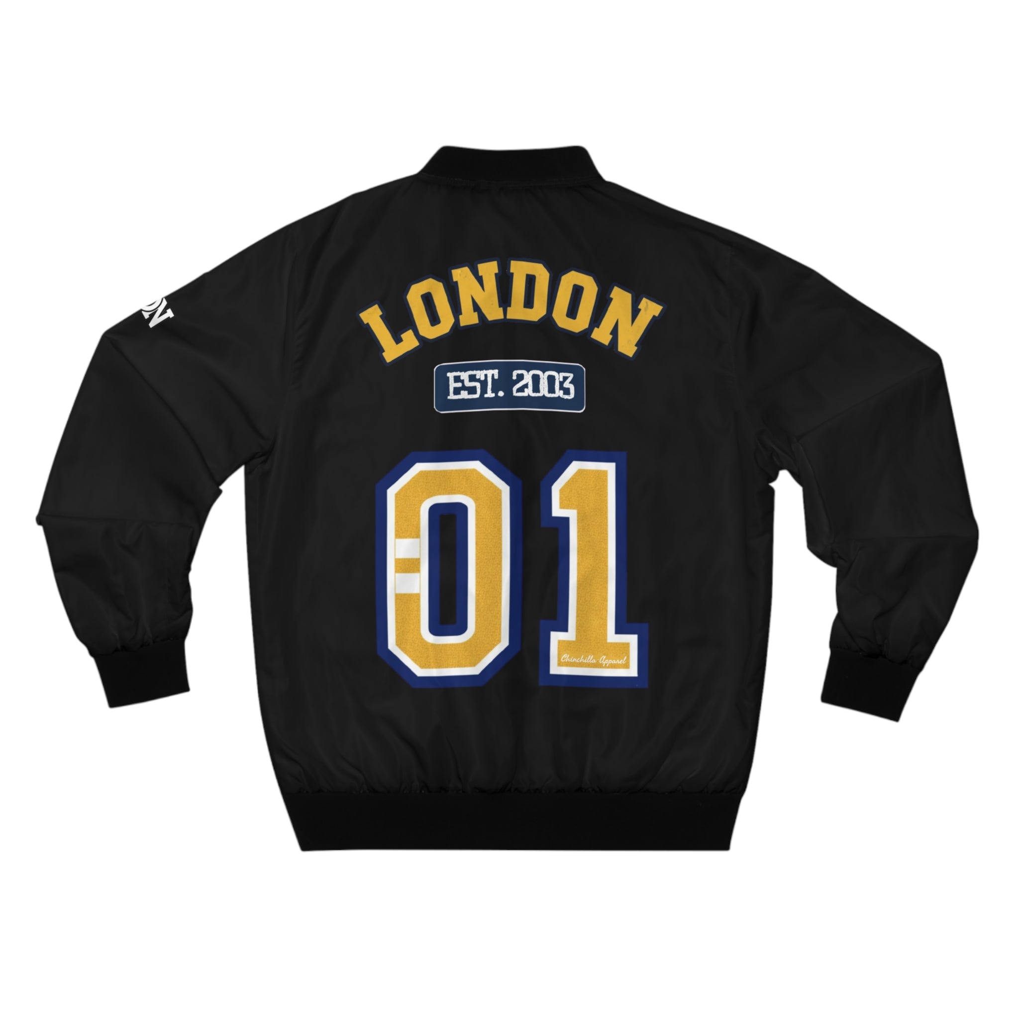 Black jacket with 'London Est. 2016' text and number design on a white background