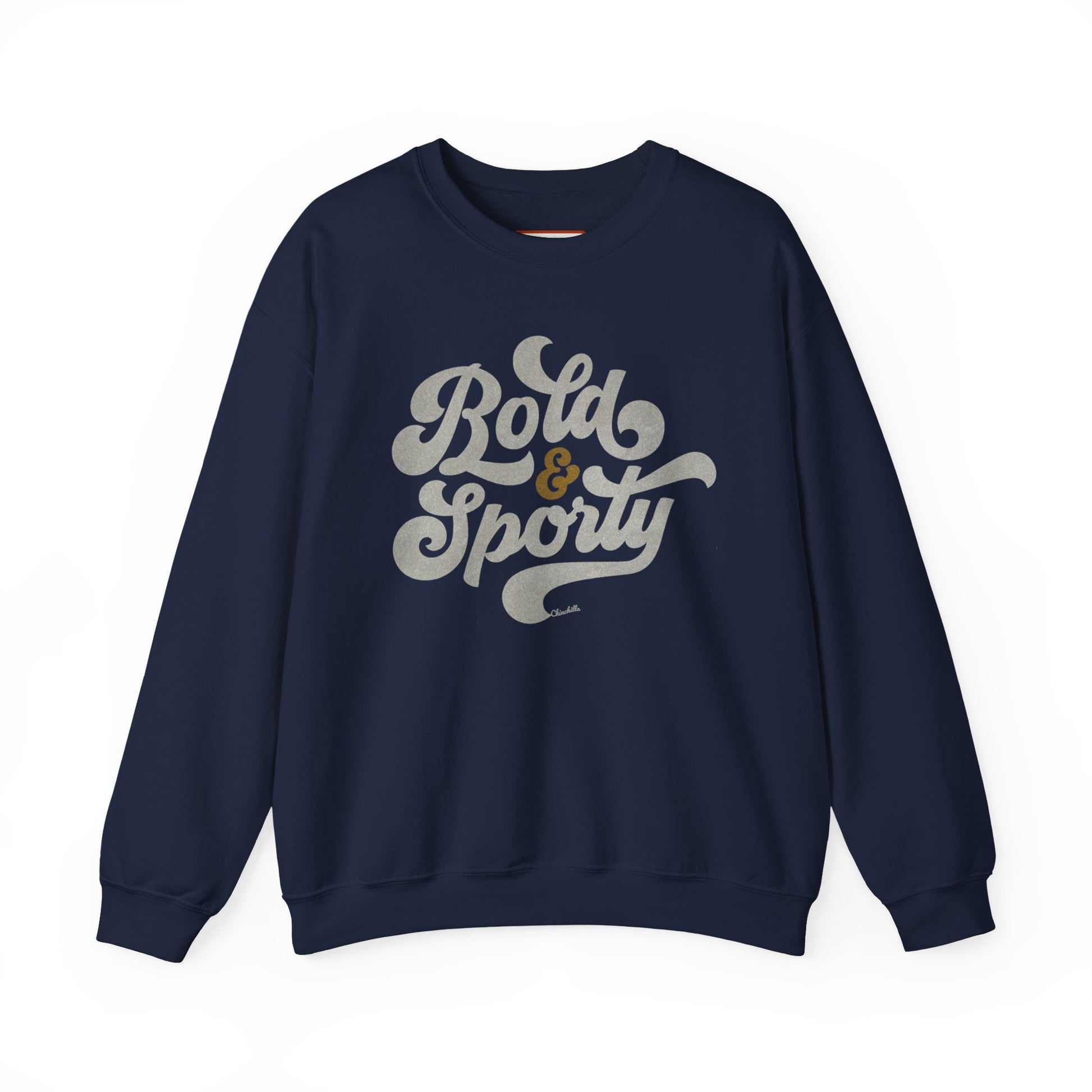 Navy blue sweatshirt with 'Bold & Sporty' text on a white background