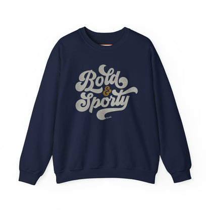 Navy blue sweatshirt with 'Bold & Sporty' text on a white background