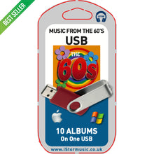 USB drive packaging with 'Music from the 60s' theme and branding.