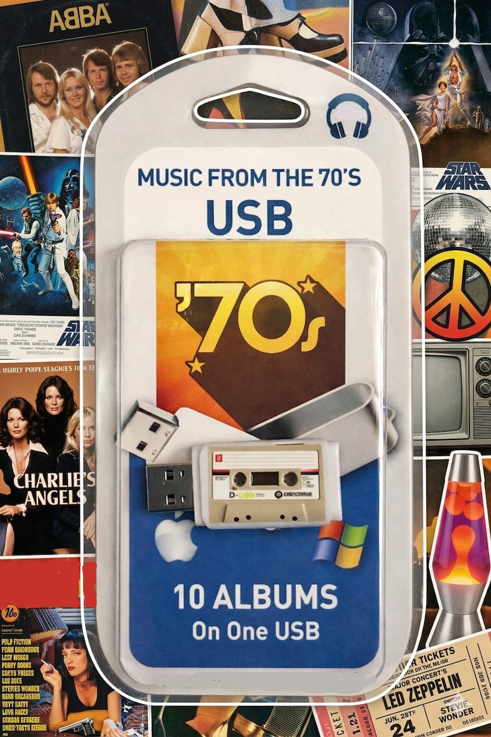 USB drive packaging with 'Music from the 70s' theme on a collage background