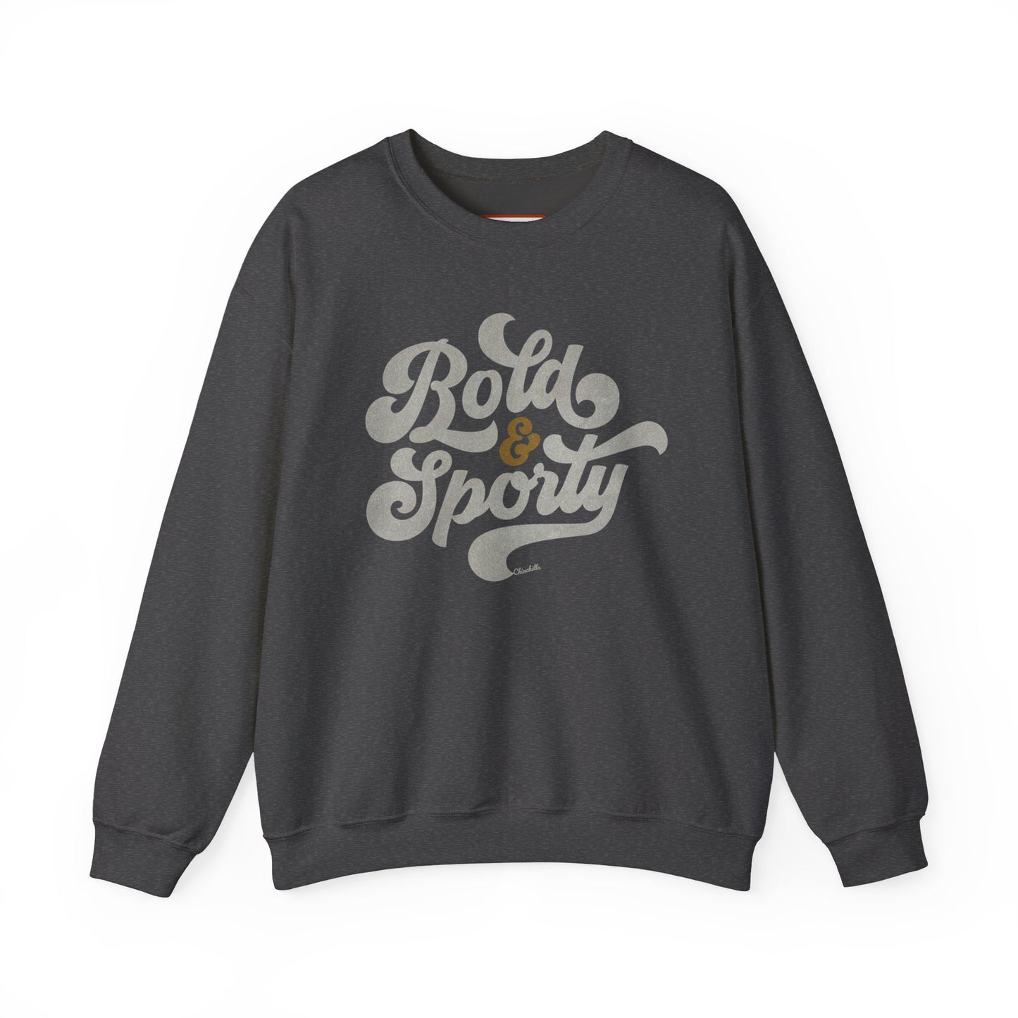 Dark gray sweatshirt with 'Bold & Sporty' text on a white background