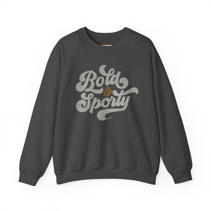 Dark gray sweatshirt with 'Bold & Sporty' text on a white background