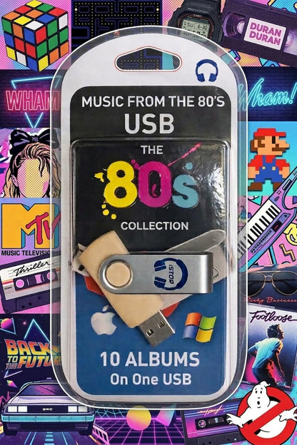 A USB flash drive in retail packaging labeled 'MUSIC FROM THE 80'S USB THE 80'S COLLECTION 10 ALBUMS On One USB,' shown against a colorful retro collage background with pop culture graphics.