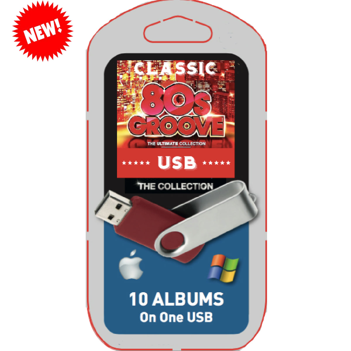 USB drive packaging with '80s Groove' branding on a white background