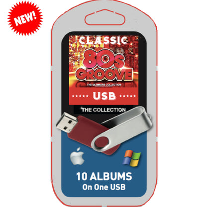 USB drive packaging with '80s Groove' branding on a white background