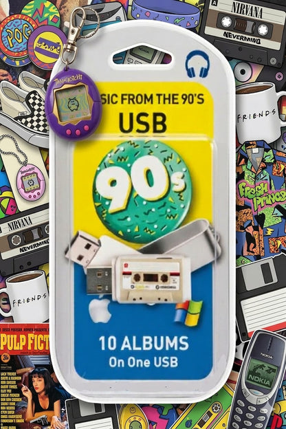 A novelty USB flash drive case or keychain-style holder featuring retro 90s music-themed graphics. The white plastic case has a yellow and blue label with the text 'Music from the 90's USB', '90s', '10 Albums On One USB', and illustrations of a cassette tape, floppy disk, and USB connector.