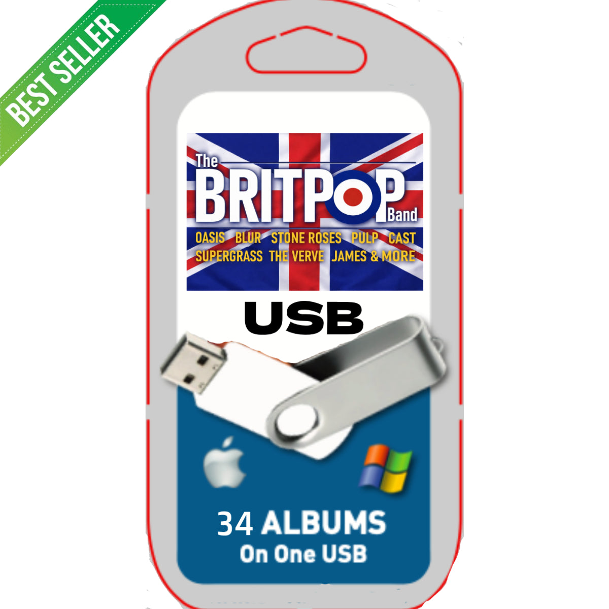 USB drive packaging with Britpop band logo and 'Best Seller' label