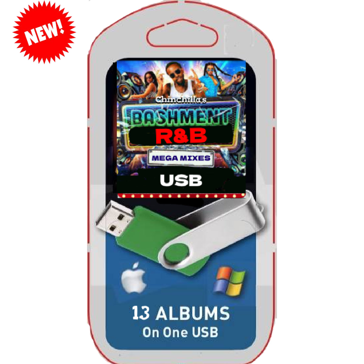 USB drive packaging with 'Bashment R&B' branding and promotional text on a white background