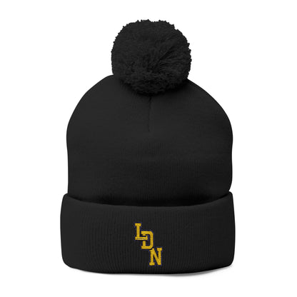 Black beanie with pom-pom and 'LDN' logo on a white background