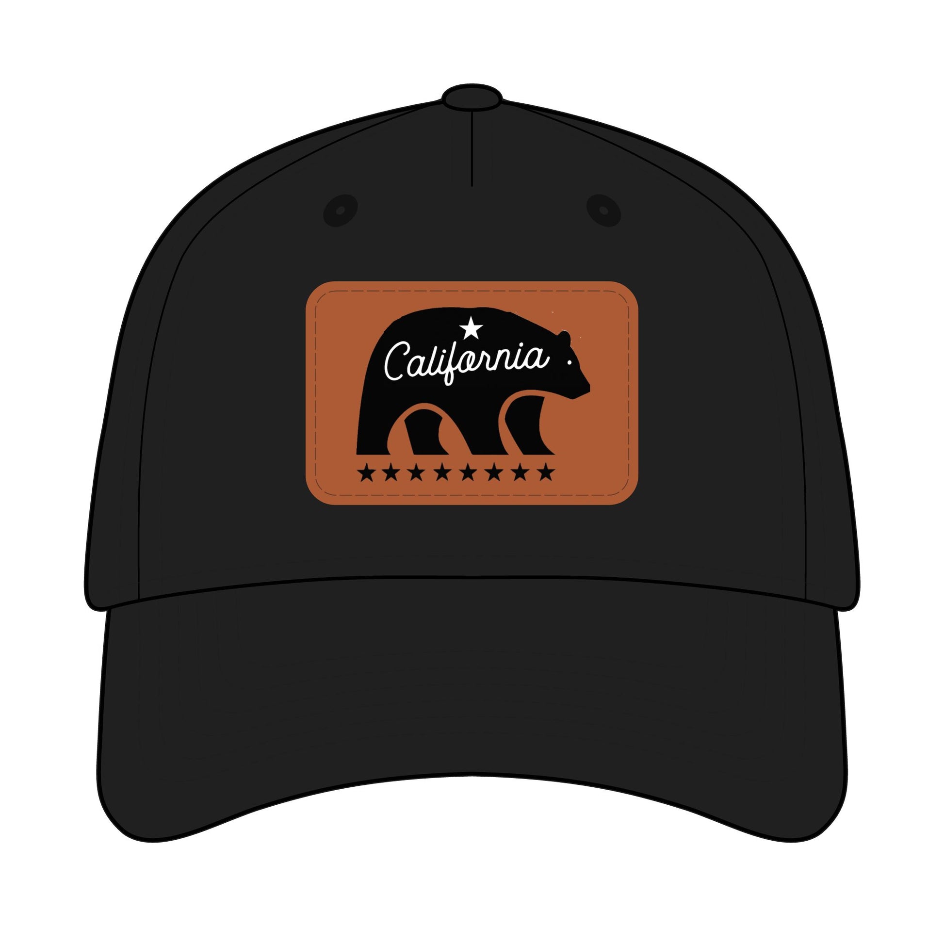 Black cap with a brown patch featuring a bear and 'California' text on a white background