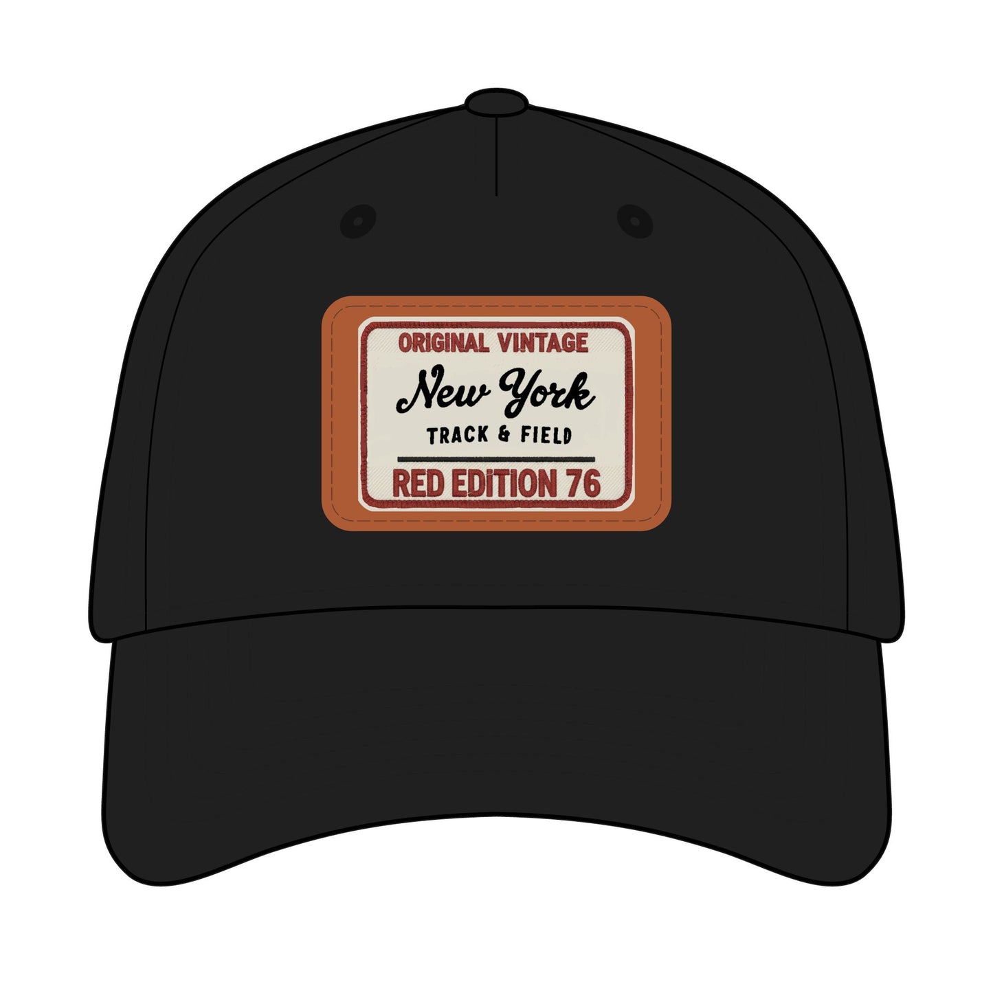Black cap with a vintage-style label on a white background