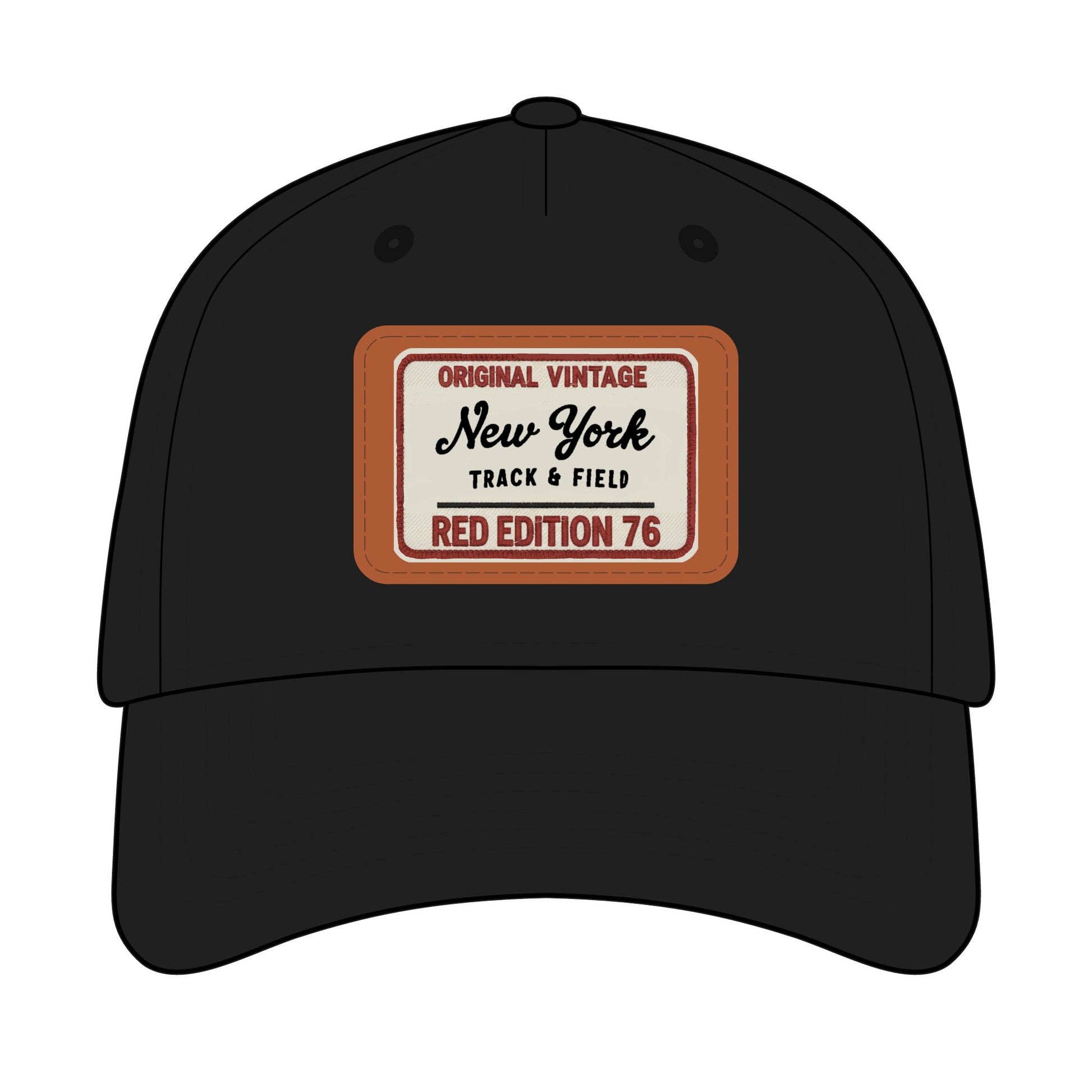 Black cap with a vintage-style label on a white background