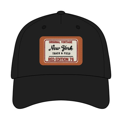 Black cap with a vintage-style label on a white background