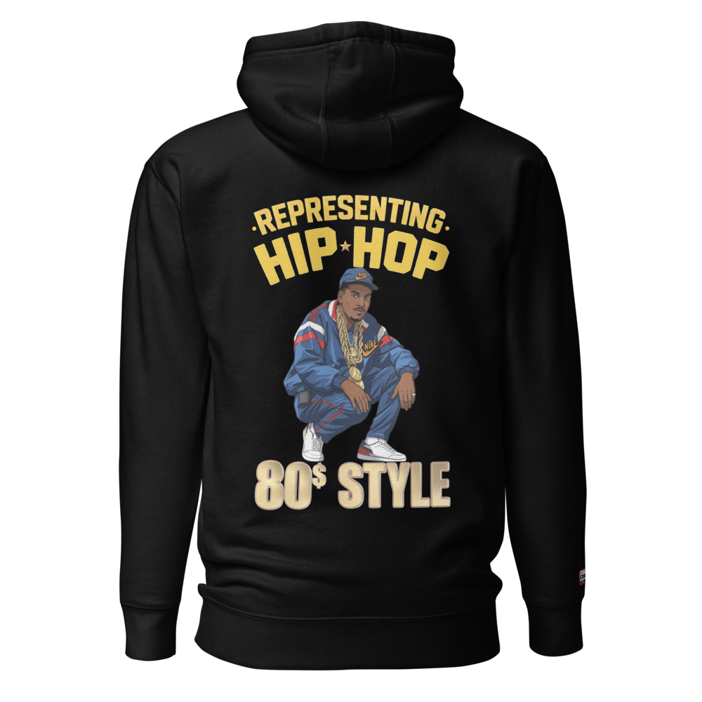 Black hoodie with a graphic of a person in 80s attire and text 'Representing Hip Hop 80s Style' on the back.