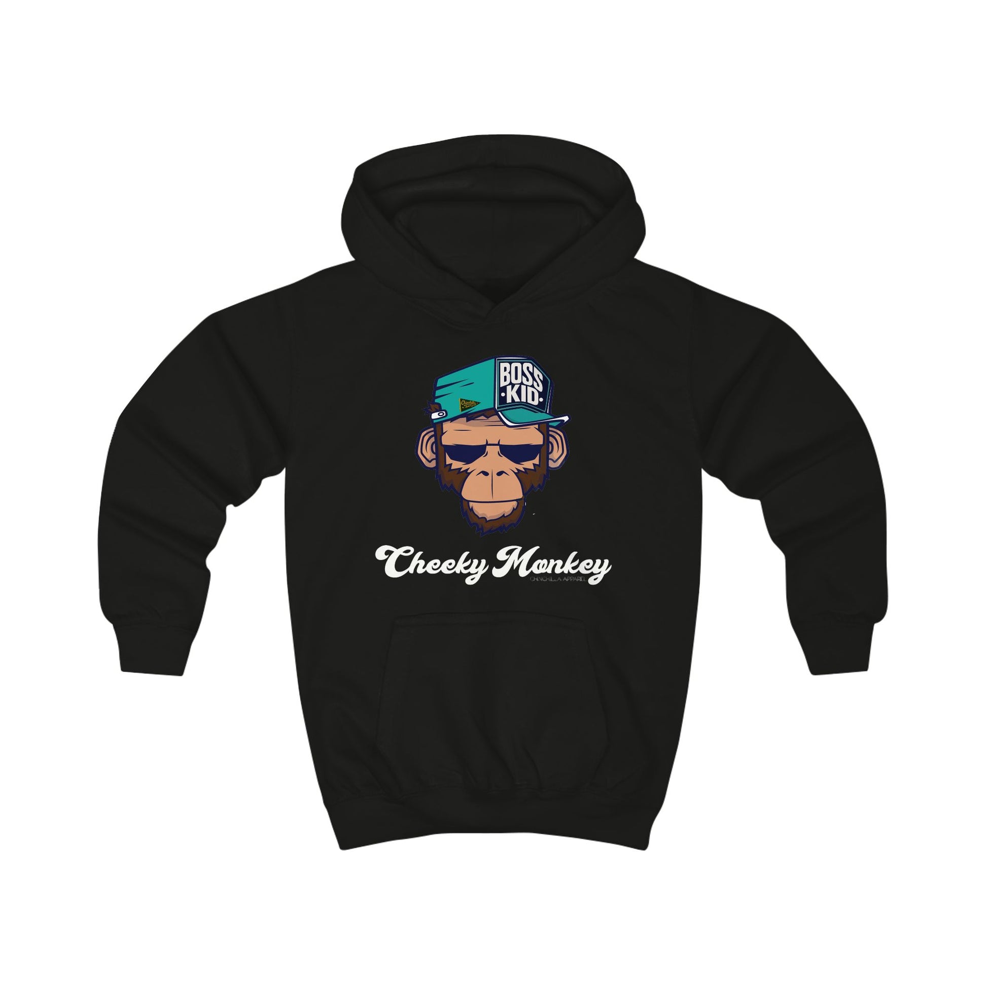 Black hoodie with monkey graphic and text on a white background