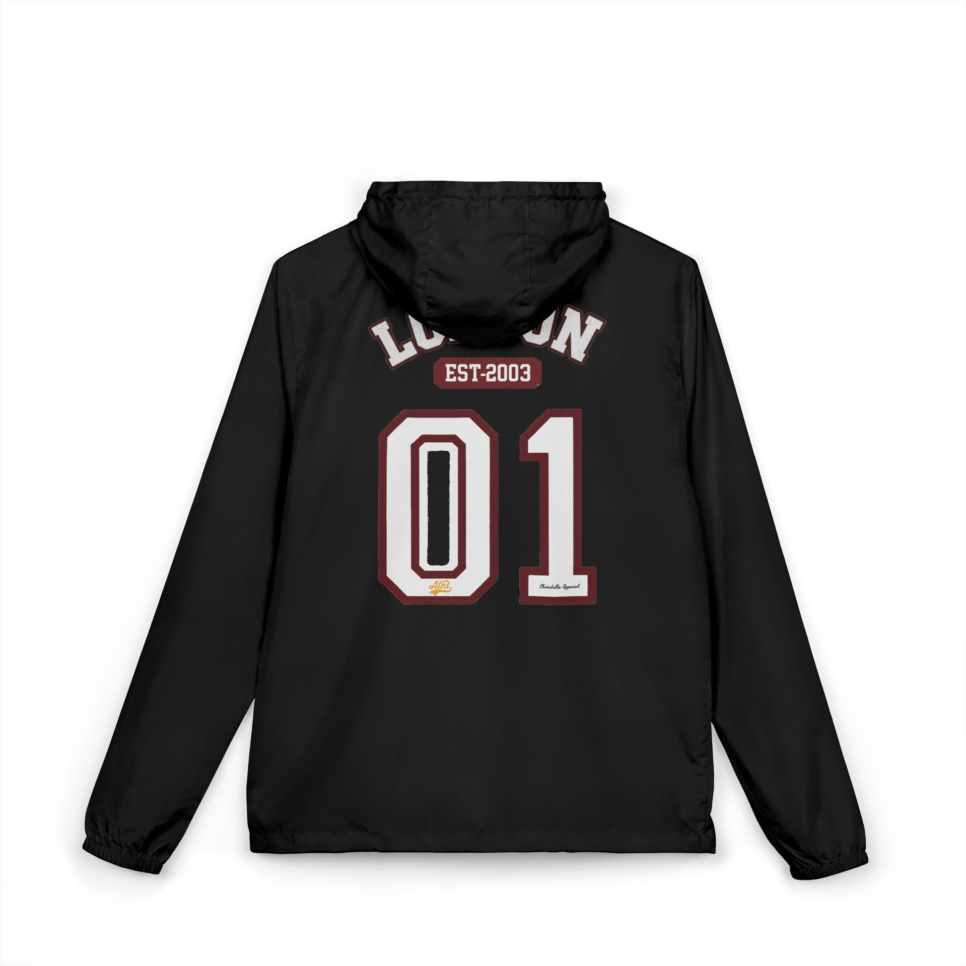 Black jacket with text and numbers on the back against a white background