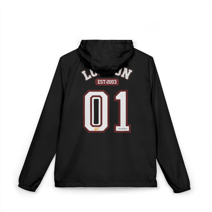 Black jacket with text and numbers on the back against a white background