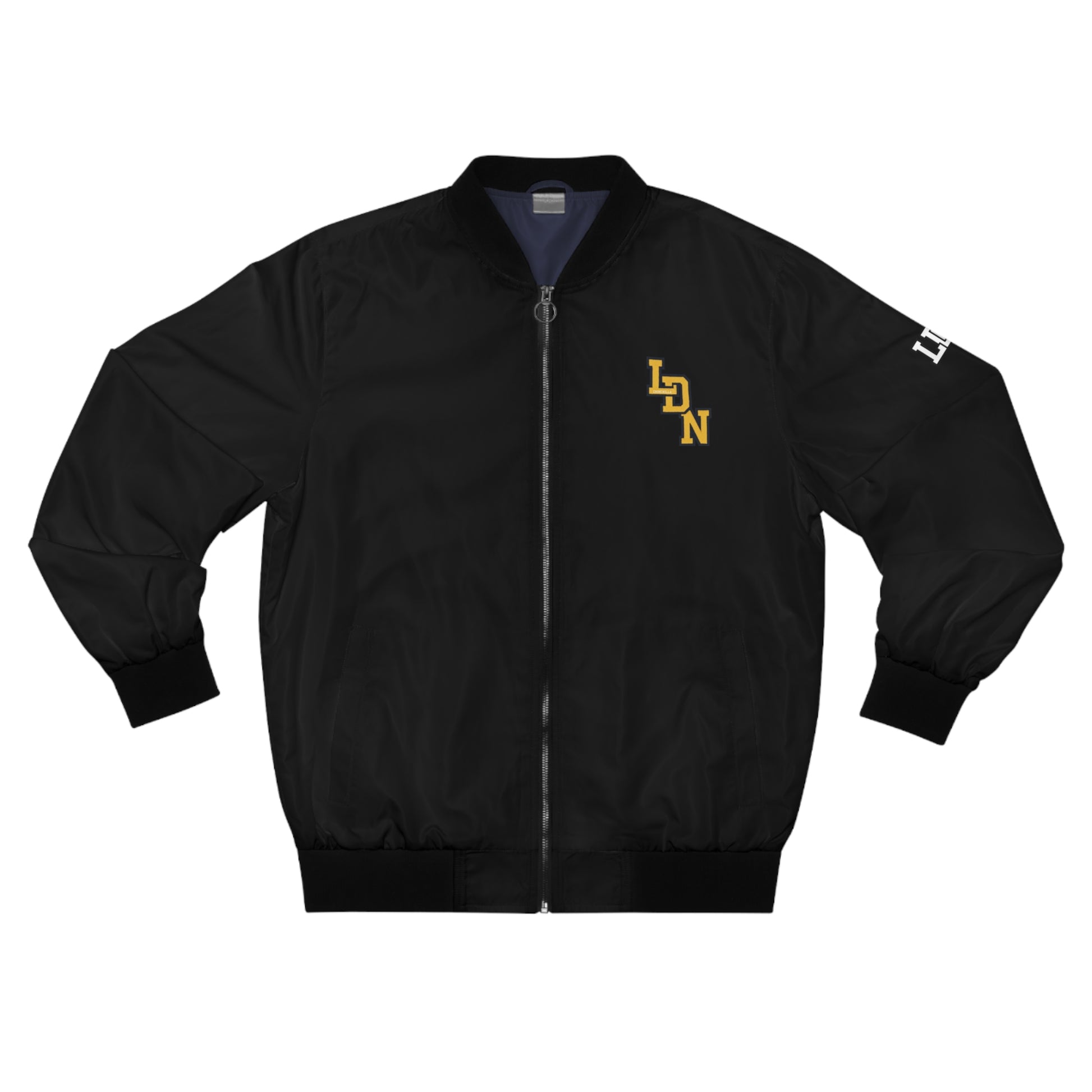Black jacket with yellow logo on a white background