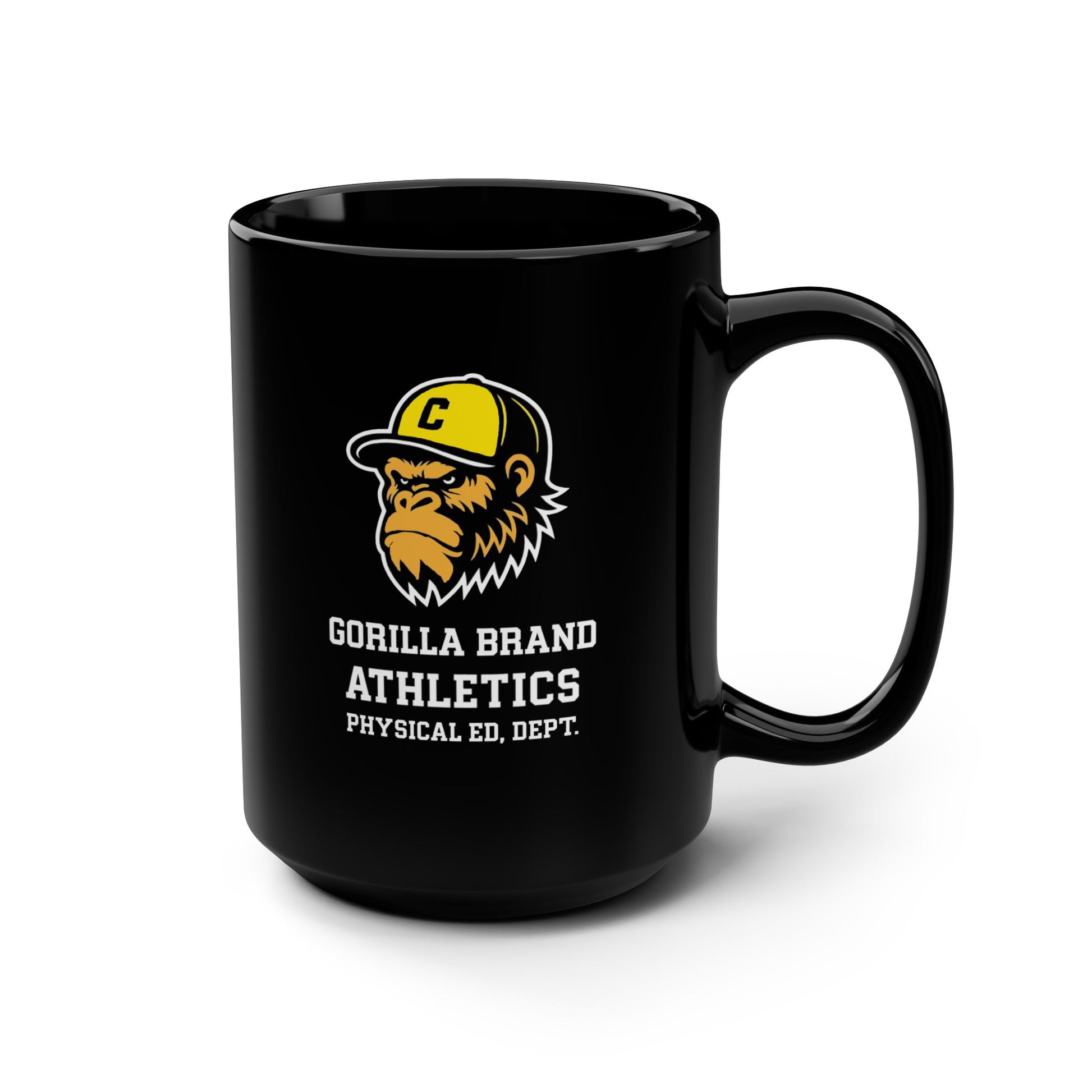 Black mug with gorilla brand athletics logo on a white background
