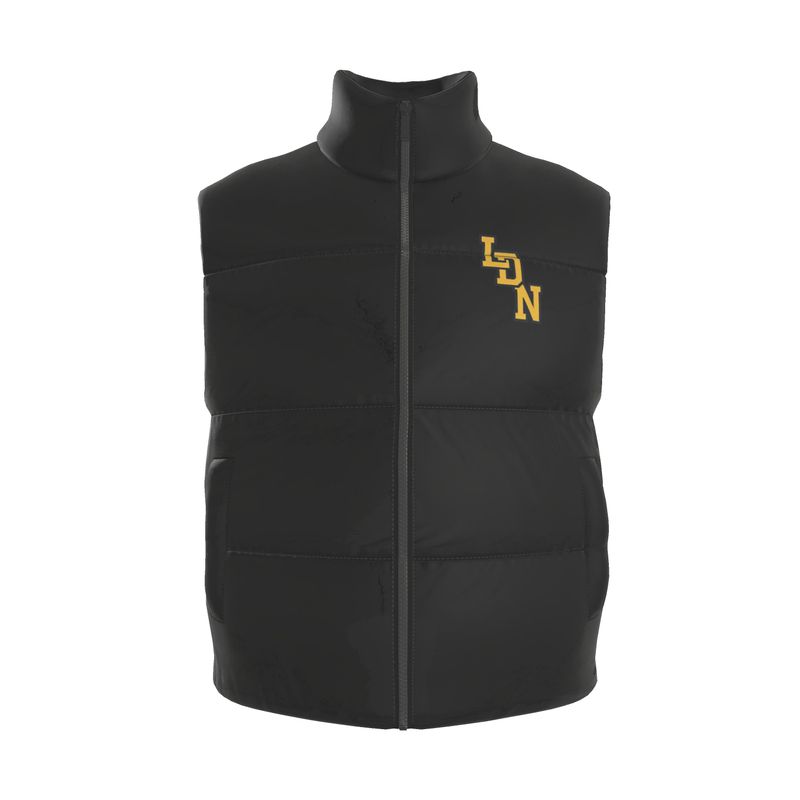 Black puffer vest with gold logo on a white background