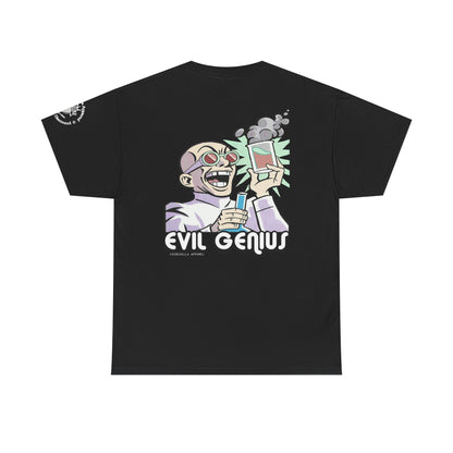 Black t-shirt with 'Evil Genius' graphic design on a white background