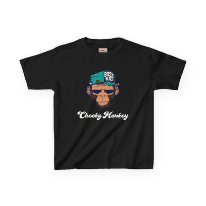Black t-shirt with a monkey graphic and 'Cheeky Monkey' text on a white background