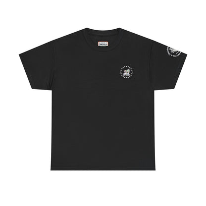 Black t-shirt with a small logo on the chest and a larger logo on the sleeve against a white background.