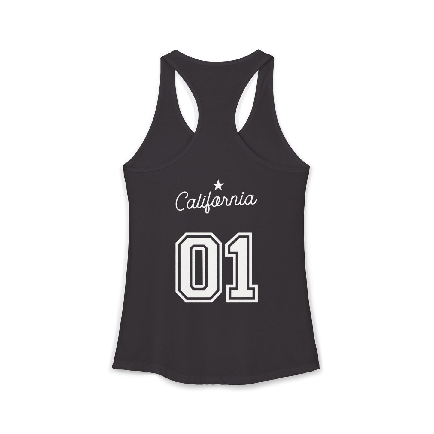 Black tank top with 'California 01' printed on a white background