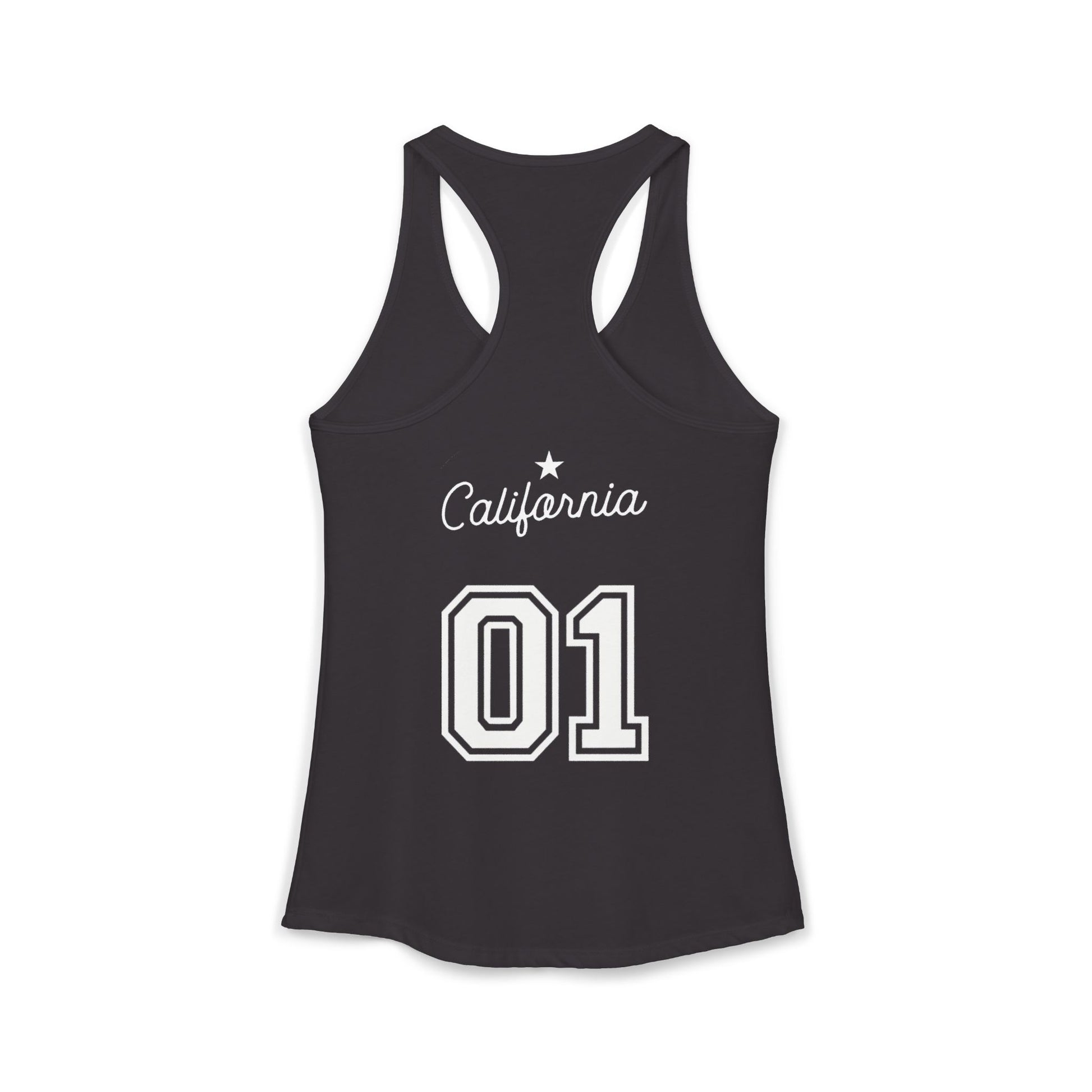 Black tank top with 'California 01' printed on a white background