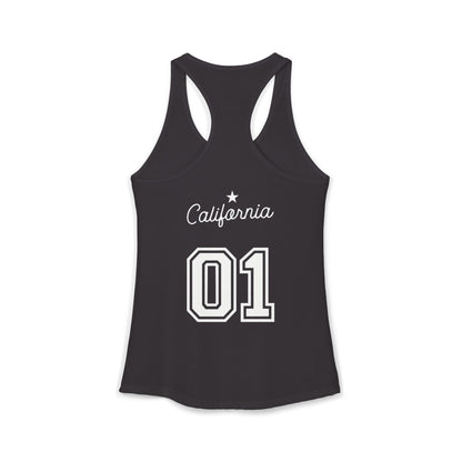 Black tank top with 'California 01' printed on a white background