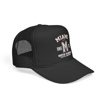 Black trucker cap with 'Miami' and 'South Florida' text on a white background