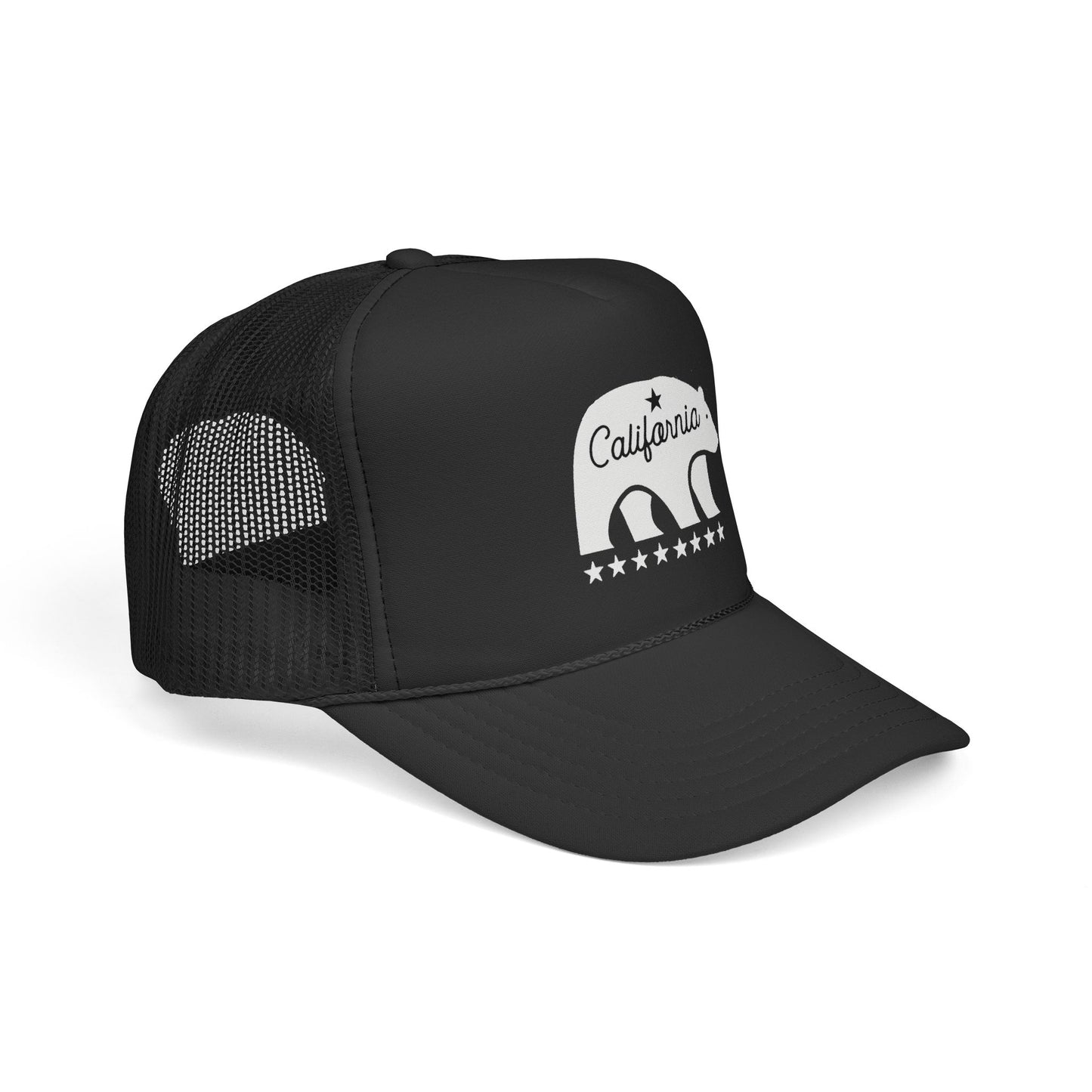 Black trucker cap with white elephant design and 'California' text on a white background