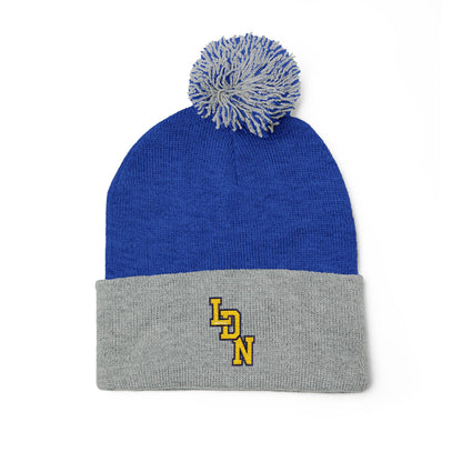 Blue and gray beanie with pom-pom and 'LDN' logo on a white background