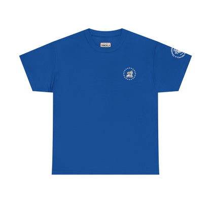 Blue t-shirt with a small logo on a white background