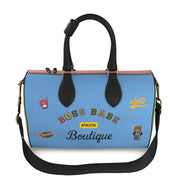 Blue duffel bag with patches and text on a white background