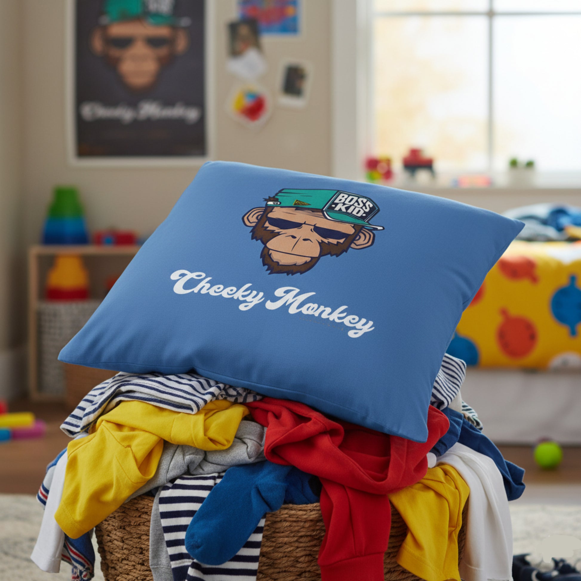 Blue pillow with monkey design and 'Cheeky Monkey' text on a pile of clothes in a room.